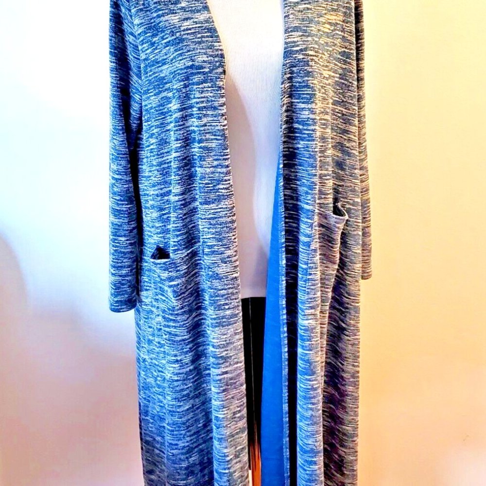 LulaRoe Sarah Knit Cardigan Duster Size Medium Blue White Long Open Front NWOTS